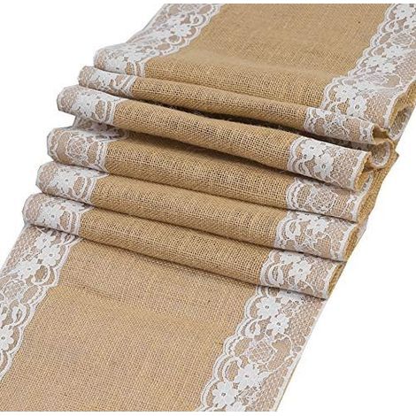Set aus 3 Tischläufern aus Naturjute (30 x 180 cm) mit Spitzenborte. Rustikaler, Vintage- und Bohème-Stil. Ideal für Hochzeitsfeiern, Geburtstage, Küchen und Esszimmer. (1/5)