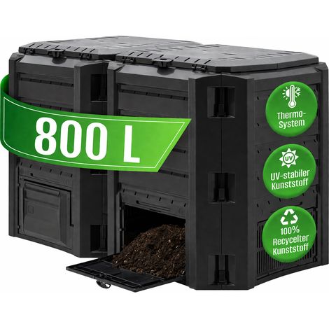 DEUBA® Composteur de jardin plastique noir transformateur de déchets couvercle et trappe d’extraction bac à compost-800 litres