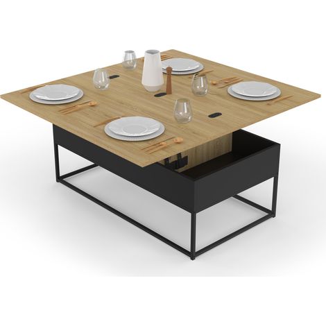 Idmarket – Table basse relevable rectangulaire convertible en table à manger – Longueur 100 cm – Style industriel – Mécanisme en acier laqué noir