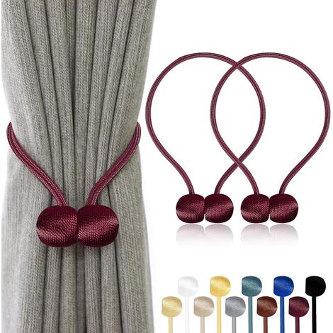 Lot de 2 Embrasses Rideaux Magnétiques - Corde Polyester Renforcée - Fixation Sans Perçage Pour Salon Chambre Salle De Bain - Rouge Foncé - 47x49 Cm