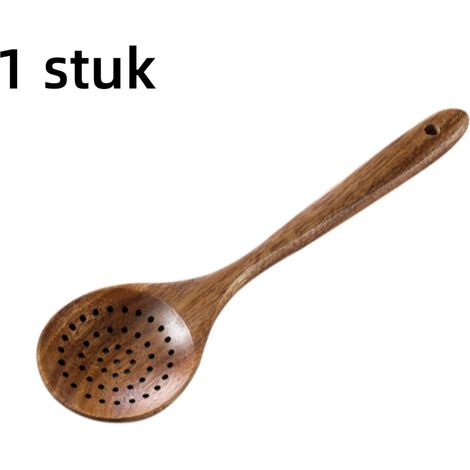 Cuillère passoire en bois de teck avec manche épais et revêtement antiadhésif 28 x 8 cm pour égoutter et servir les aliments en cuisine couleur marron 1 pièce (1/5)