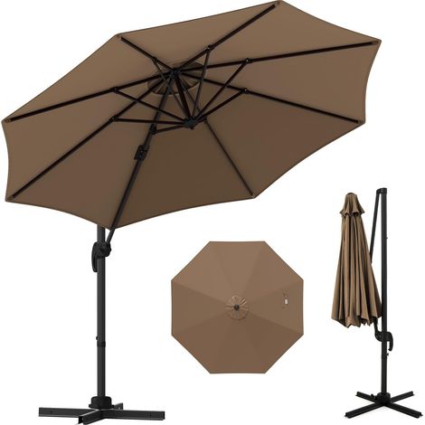 GOPLUS Parasol Deporte 3x3M, Parasol de Jardin Exterieur Pivotant à 360°, avec Poteau en Aluminium, 5 Angles d'Inclinaison Réglables, Protection Solaire, pour Balcon Terrasse Plage (Marron) (1/5)