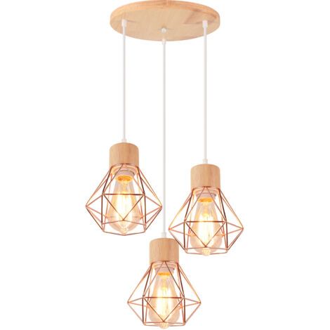 royaluxe- Lampe À Suspension Vintage Suspension Luminaire Rétro Or Rose 3 Lumières Plafonnier D'Intérieur Moderne En Métal Et En Bois