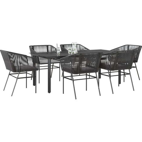 7-tlg. Garten-Essgruppe mit Kissen Schwarz Poly Rattan Glas vidaXL