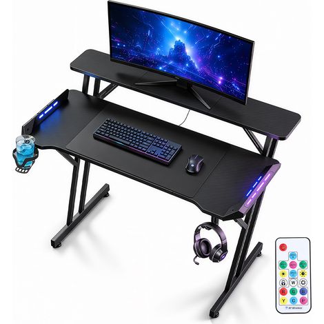 TolleTour Escritorio Gaming 120x60 cm en Z con estante y LED RGB, portavasos y soporte para auriculares (1/5)