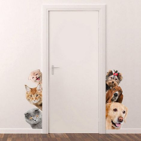 Sticker mural 3D chat et chien, imperméable et amovible, pour chambre/porte/salle de bain/salon H (1/5)