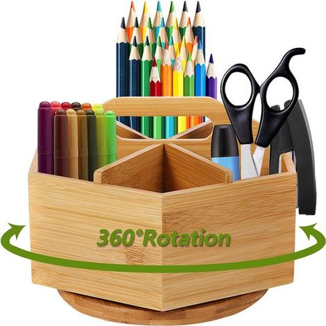 Organizador de escritorio giratorio de bambú de 360° - Portalápices con asa, 6 compartimentos, para oficina y maquillaje (1/5)