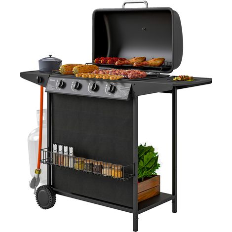 Barbecue à Gaz 4+1 Brûleurs Indépendants avec Couvercle Thermomètre, 121x54x97 cm, Noir