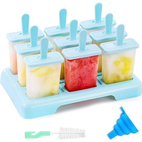 Eisform – aus Silikon und Polypropylen – 9 Mulden – mit Stützfuß, zusammenklappbarem Trichter und Reinigungsbürste – Blau (1/5)