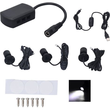 Mini spots LED 5 V CC USB, réglables en intensité, lumière blanche froide, pour vitrines et présentation de produits – 1 à 3 pièces, couleur noire