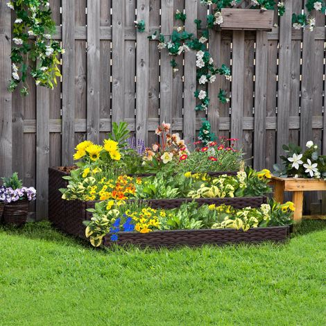 Gris taupe - Bac de jardin surélevé en rotin à 3 étages sans fond, jardinier pour plantes, fleurs et légumes, 120x120x40cm