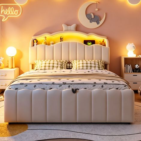 Kinderbett 222x147x131.5 cm, Samtbezug, LED Kopfteil mit Farbwechsel, USB und USB C Anschlüsse, beige (1/5)