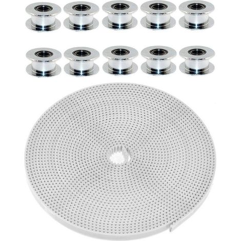 1x Correa de distribución GT2 con núcleo de acero y 10x poleas tensoras de aluminio GT2 de 20 dientes con orificio de 5 mm.