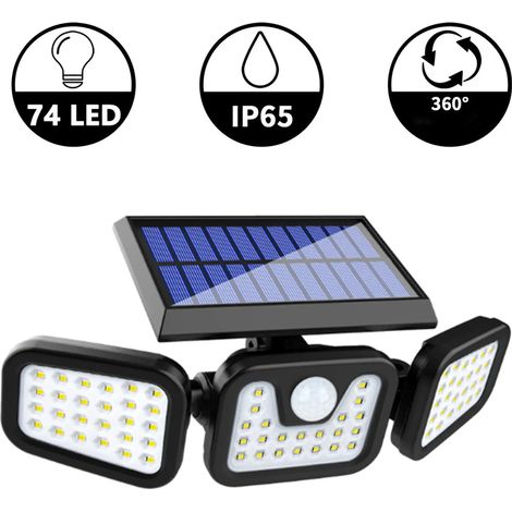 Luces solares exteriores con sensor de movimiento, ZOYJITU 74 LED proyector exterior Super luminoso luces solares exteriores LED IP65 impermeable 3 modos 360° giratorio luces de pared solares (1/4)