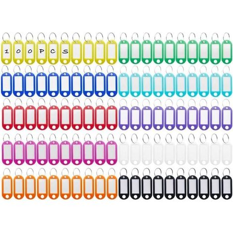 Paquete de 100 llaveros, llaveros de plástico, llaveros de colores grabables en 10 colores, etiquetas de identificación con llavero, para llaves, equipaje o (1/4)