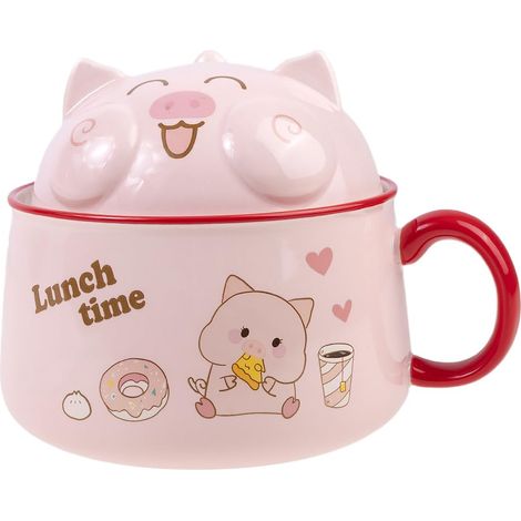 Bol à Ramen Asiatique - Porcelaine - Motif Cochon Rose - 1020 ML - Avec Couvercle (1/5)