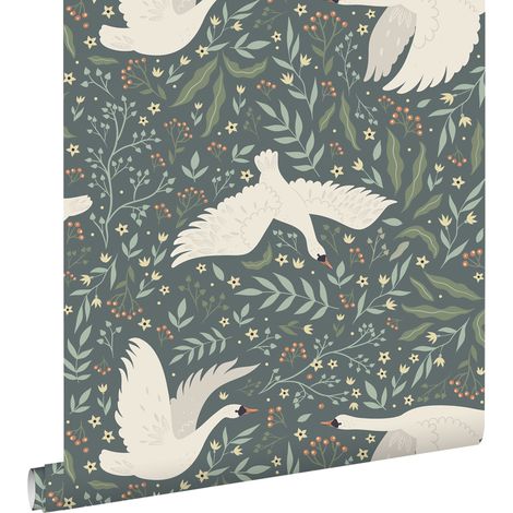 papier peint cygnes bleu gris et blanc - ESTAhome (1/5)