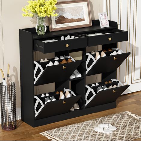 MEUBLIV Schuhschrank 110 x 26 x 100 cm Schwarz – 4 Klappen, 2 Schubladen (1/5)