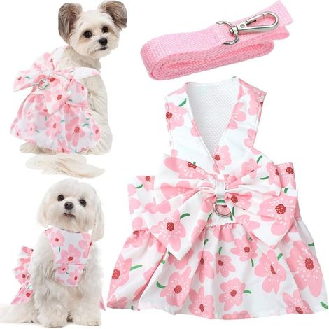 Ensemble robe et laisse pour chien, nœuds, vêtements roses à fleurs (Très petite taille) (1/5)