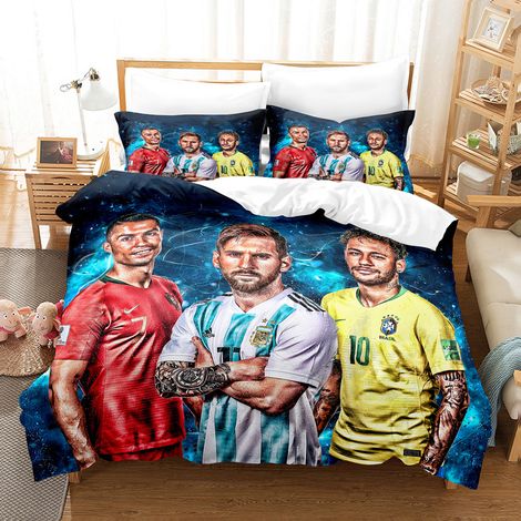 Dreiteiliges Set mit 3D-Druck von Fußballstars: Ronaldo, Messi, Mbappé und andere. Zweiteiliges Set, digitaler Bettbezug und Kissenbezug J[NX]