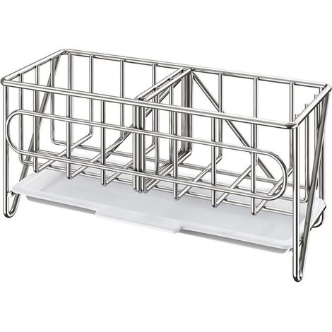Lntyq Porte Eponge Evier Cuisine Organisateur, Rangement Evier Cuisine Pour Brosse De Nettoyage, Porte-Savon Avec Plateau De Drainage, Argent,20.58.59.2cm