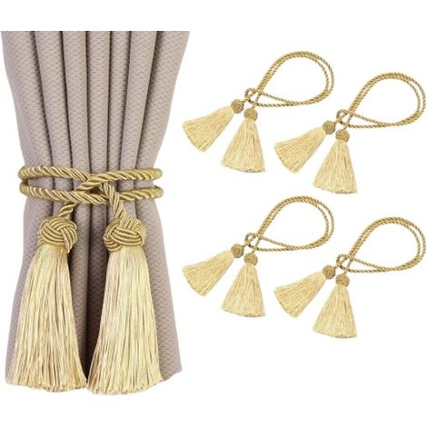 4-teiliges Set doppelseitiger Quasten-Raffhalter – handgewebte Knoten-Gardinenhaken – Gold – Kordeln – Bänder – Vintage-Stil (1/5)