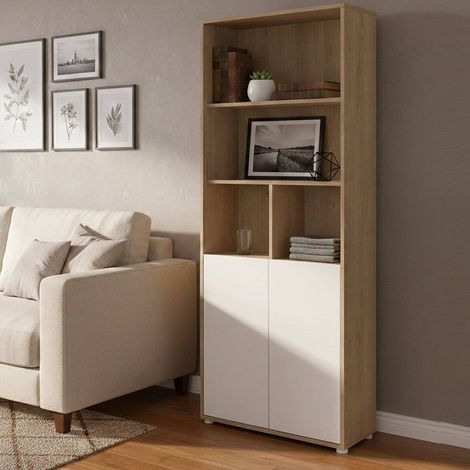 Dmora - Estante para libros Rosalie, Estante de oficina, Porta libros móvil, Biblioteca, 80x34 h205 cm, Roble y Blanco (1/5)