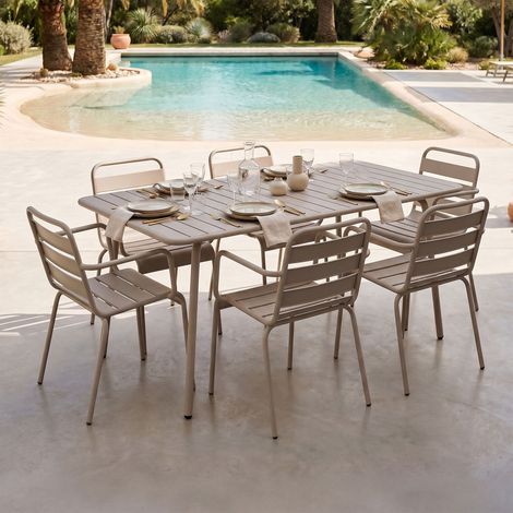 Ensemble table de jardin + 6 fauteuils en métal taupe - BACA (1/5)