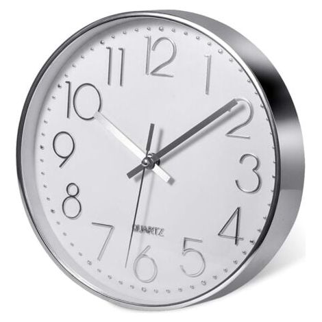 (20cm/12'', Argent)Premium Silver Horloge Murale, Décoration Murale, Horloge Murale Silencieuse Moderne pour Cuisine Bureau à Domicile (1/5)
