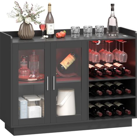 Casier à vin avec éclairage LED et étagère réglable, bois et verre, 120 x 38 x 88 cm, noir (1/5)