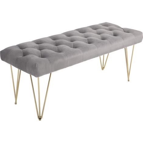 Banquette d'entrée en velours gris clair 116x44,5x49 cm avec structure en fer robuste (1/5)