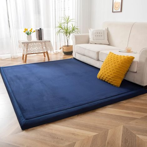 Tapis d'éveil de 3 cm d'épaisseur avec poils courts antidérapants et duveteux - Lavable - Parfait pour le yoga, l'exercice et rampant (Bleu français, 150 x 150 cm) (1/5)