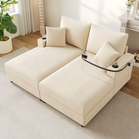 Canapé convertible 2 places beige en velours côtelé 163x140x82 cm, canapé-lit avec USB-C, support téléphone 360°, 2 porte-gobelets, 2 coussins (1/5)