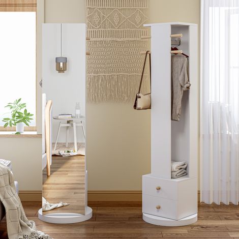 JOOKGBD- 360° drehbarer Standspiegel 3-in-1, Ganzkörperspiegel mit Stauraum, 2 Schubladen und 4 Haken, integrierter Kleiderständer, für Schlafzimmer Wohnzimmer Ankleidezimmer, Weiß