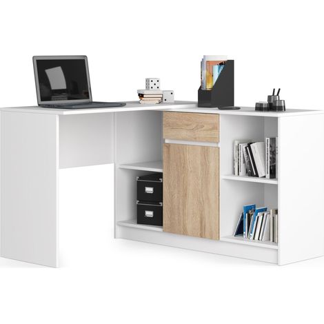 Escritorio esquinero AKORD B17 Blanco 120 cm Conjunto con cómoda de 1 puerta 1 cajón frente en color Roble Sonoma 6 estantes 120x126x79 cm (1/4)