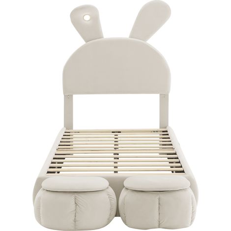 Cama individual de terciopelo beige 90 x 200 cm con orejas de conejo, LED y 2 pufs (1/5)