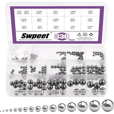 Juego de 330 rodamientos de bolas de acero de precisión para bicicletas: 1 mm, 2 mm, 2,5 mm, 3 mm, 3,5 mm, 4,5 mm, 5,5 mm, 6 mm, 7 mm, 8 mm, 9 mm, 10 mm, 11 mm, 12 mm (1/5)