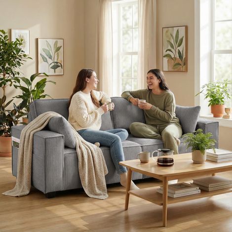 Canapé 3 places 218 cm canapé moderne en velours côtelé sellerie à ressorts à poche accoudoirs larges 2 coussins - Couleur: Gris clair