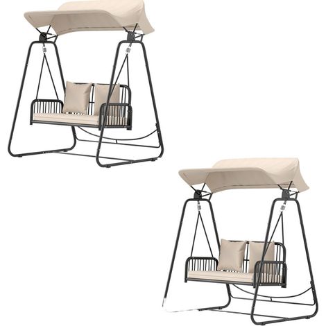 2er-Set Hollywoodschaukel Rattan 2-Sitzer Gartenschaukel mit verstellbar Sonnendach Kissen Hängebank bis 240 kg belastbar Hängeschaukel Schaukelbank für Garten Balkon 149 x 121 x 180 cm Khaki