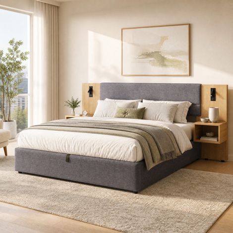 Lit double 180x200 cm velours gris/naturel, rangement USB, gain de place, sans matelas – MEUBLIV (1/5)