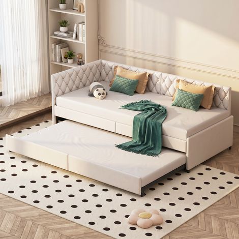 Canapé Lit Extensible 90 x 200 cm, Lit Gigogne avec Sommier à Lattes, Canapé-lit rembourré Gain de Place, Velours Beige (1/5)