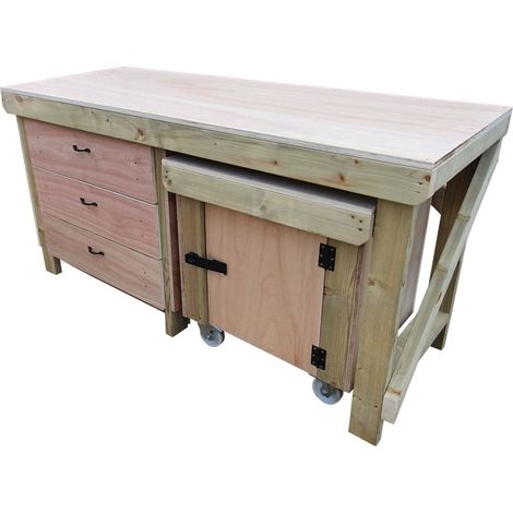 Wooden Eucalyptus hardwood top workbench with drawers and functional lockable cupboard (V.6) (H-90cm, D-70cm, L-180cm) (1/5)