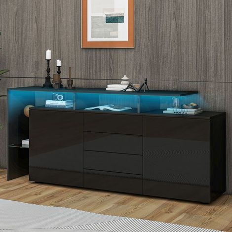 Buffet salle à manger 160x35x70 cm, Blanc Laqué, 2 Portes, 4 Tiroirs, Étagère Verre, LED, USB (1/5)