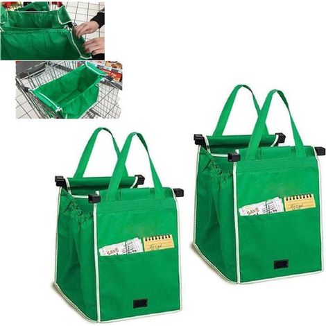 Lot de 2 sacs de courses réutilisables - Sacs pliables avec poignées et clips - Adaptés aux chariots et à un usage quotidien - Verts (1/5)
