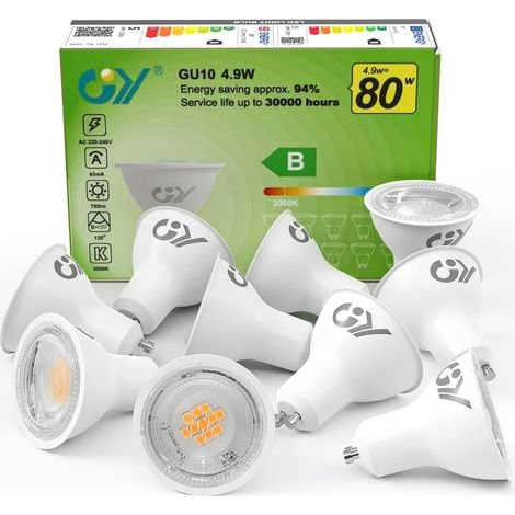 Ampoules LED GU10 4.9W Equivalent 80W, 780LM 3000K Blanc Chaud, Angle de Lumière 120°, Ampoule GU10 Led Efficacité Energétique, Non-Dimmable, Lot de 10 (1/5)