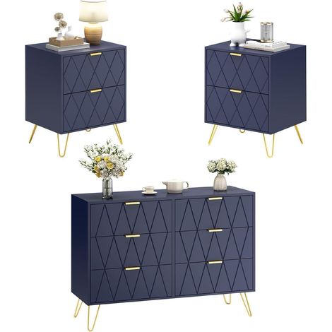 Schlafzimmer Komplett-Set 3-teilig: Kommode 6 Schubladen & 2 Nachttische, Dunkelblau (1/5)