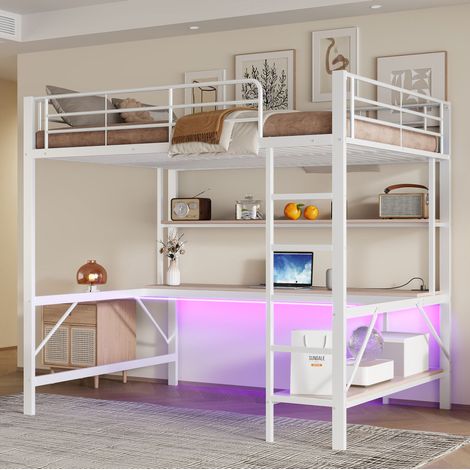 Cama alta infantil con escritorio LED y USB blanca OKMYHOME (1/5)