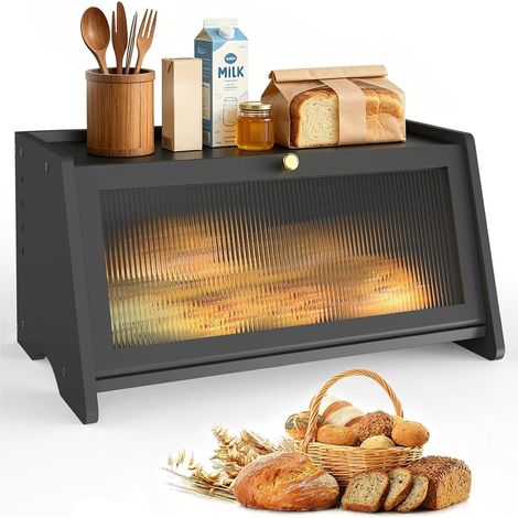 Épingle à pain noire pour la cuisine, grande poubelle à pain avec fenêtre arrière transparente et aérations pour un rangement multifonctionnel, 40 x 25 x 20 cm (1/5)