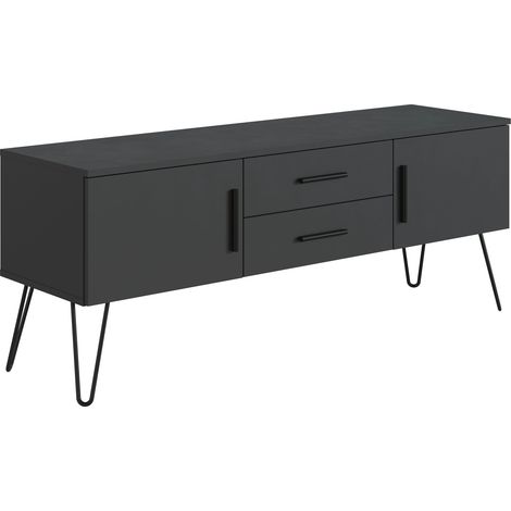 Meuble TV en mélamine coloris gris Anthracite - Longueur 140 x Profondeur 40 x Hauteur 56 cm -PEGANE- (1/4)