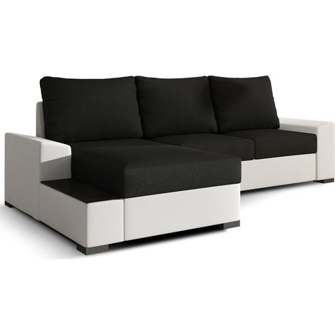 Canapé angle gauche convertible tissu noir et simili blanc James 245cm (1/5)